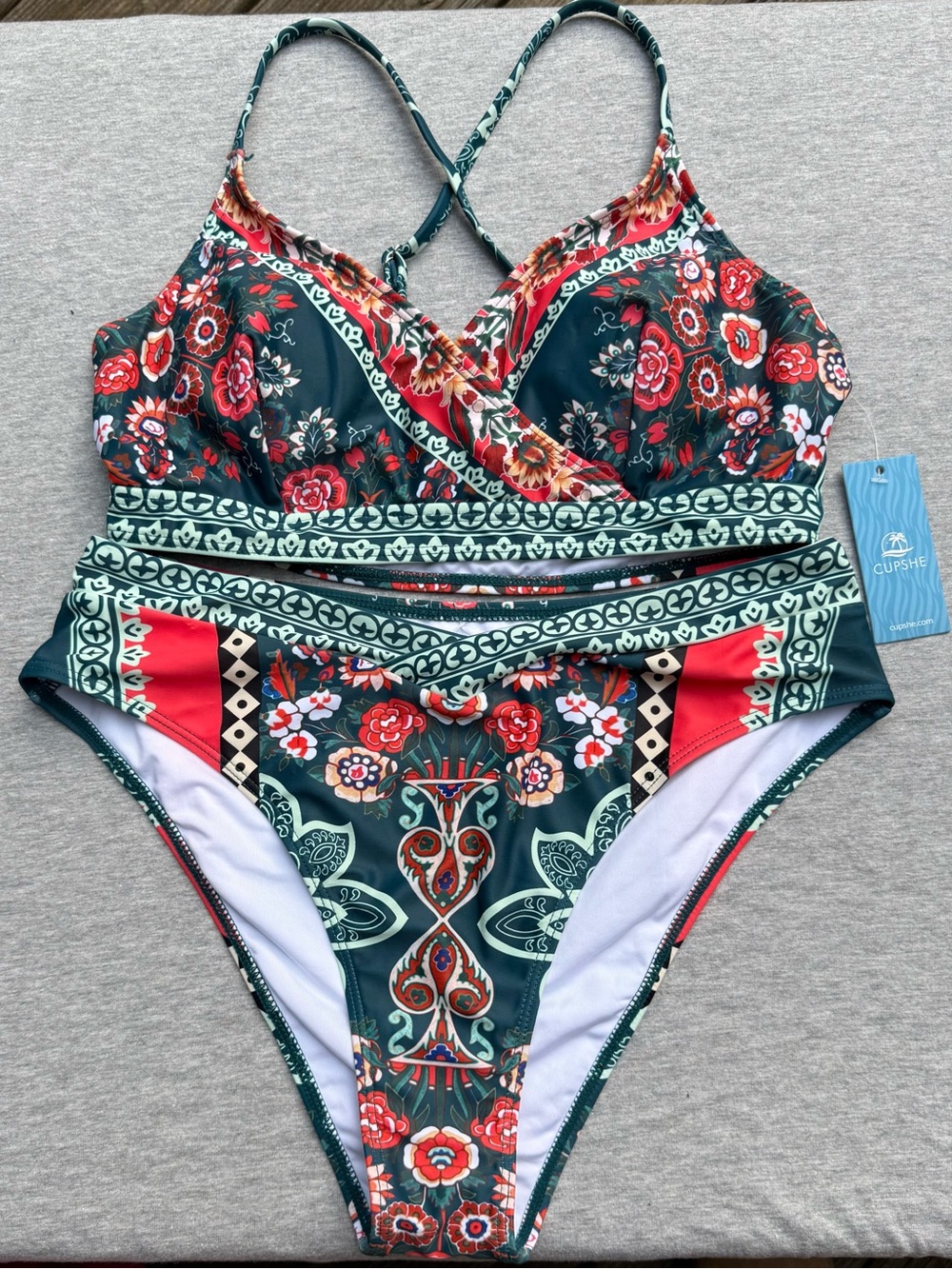 Cupshe NWT Boho Floral Ornate Medallion Print Bikini Set High Waisted Swim Med.